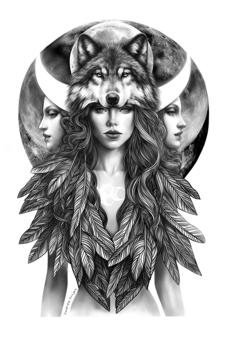 a woman with long hair and two wolfs on her head, in front of the moon