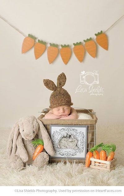 a baby is laying in a crate with carrots and a bunny hat on it