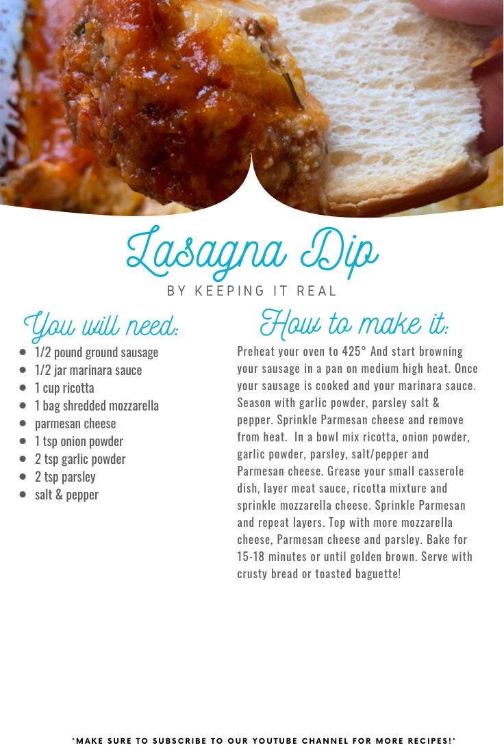 the recipe for lasagna dip is shown in this brochure, with instructions on how to make it