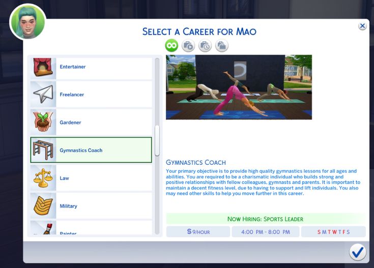 a web page for a video game called select a career for mao, which features an image of a woman doing yoga