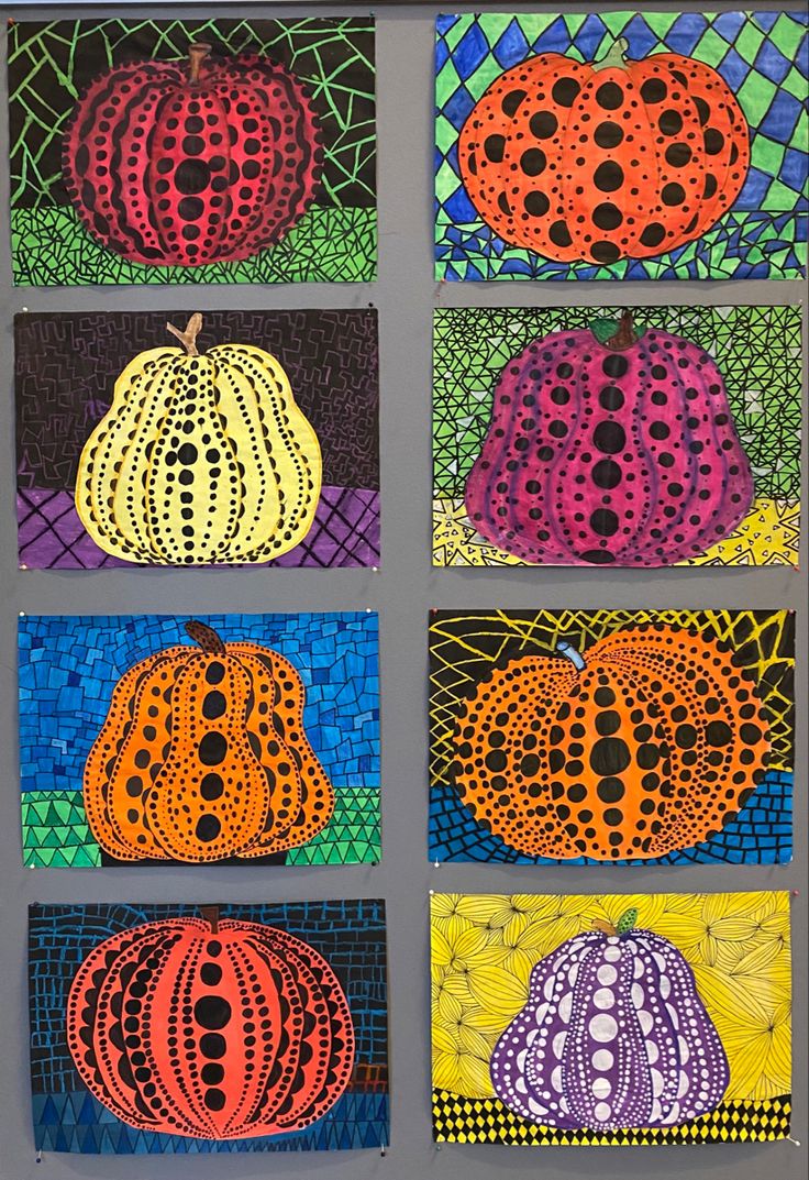 six paintings of pumpkins are shown in different colors and patterns, each with an intricate design on them