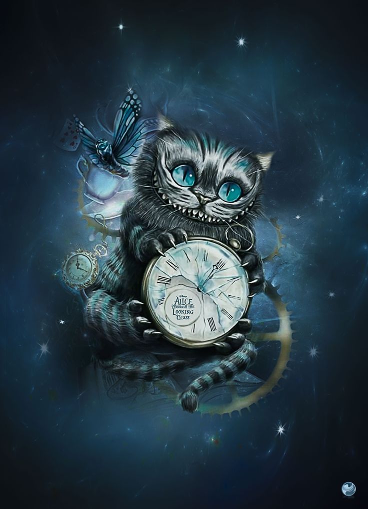 a drawing of a cat holding a clock in its paws with a butterfly on it