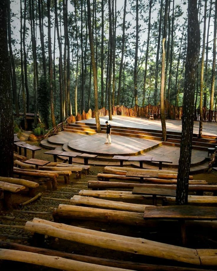 an empty stage in the middle of a forest with lots of wooden benches around it