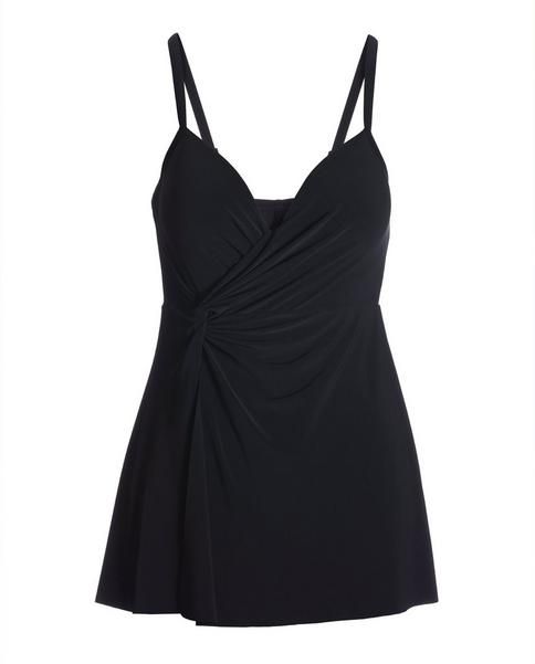 Appear sleeker and slimmer in seconds. This full-control, side-knot swim dress is a must-have black bathing suit with an alluring sweetheart neckline that frames the bustline and gives you the confidence to lounge poolside or take strolls along the beach, all while slenderizing and shaping your body. | Miraclesuit - Black - Side Knot Swim Dress - 8 Black Swim Dress With Built-in Bra For Pool, Black Swim Dress With Built-in Bra For Beach Season, Elegant Sleeveless Tankini With Built-in Bra, Elegant Pool Tankini With Built-in Bra, Elegant Sleeveless Swimwear With Built-in Bra, Elegant Tankini With Built-in Bra For Swimming, Chic Tankini With Built-in Bra For Pool, Elegant Black Swimwear With Built-in Bra, Elegant Fitted Swim Dress With Built-in Bra