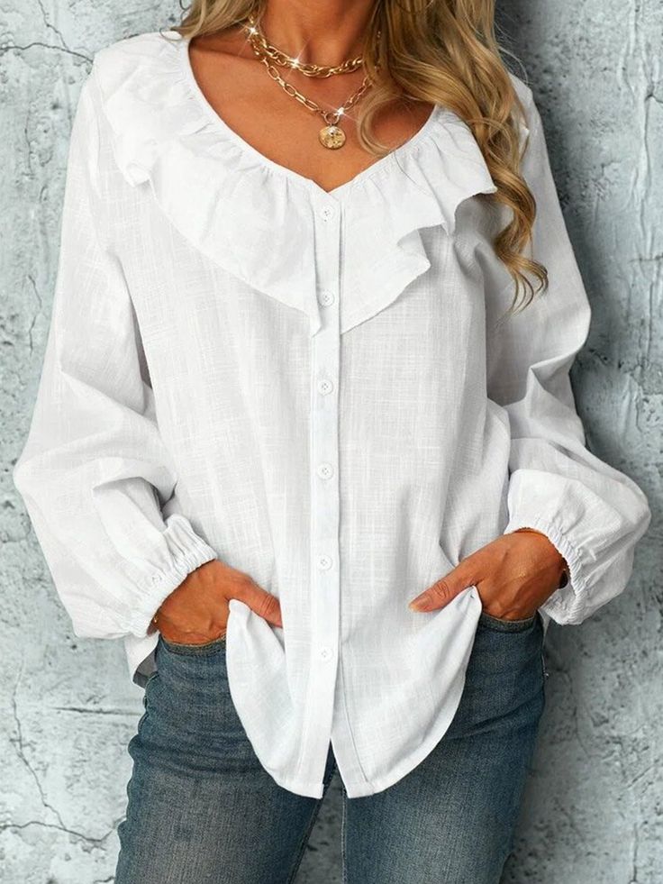 Ruffle Long Sleeve White Blouse With Buttons Half Sleeve Cardigan, Blouse With Buttons, Crochet Button, White Long Sleeve Blouse, Half Sleeve Blouse, Half Sleeve Tops, Sleeves Blouse, Ruffle Long Sleeve, Graphic Tops