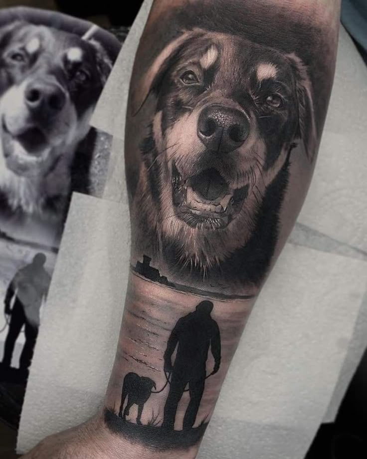 a man's arm with an image of a dog and his owner on it