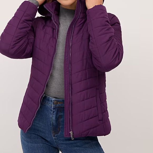 Quilted Hooded Jacket (New) Color: Purple Treasure Size: Large Purple Fall Outerwear With Drawstring Hood, Purple Outerwear With Drawstring Hood For Fall, Hooded Purple Outerwear For Fall, Purple Hooded Outerwear For Fall, Casual Quilted Jacket With Double-lined Hood, Purple Winter Outerwear With Drawstring Hood, Winter Purple Outerwear With Drawstring Hood, Hooded Purple Puffer Jacket For Winter, Purple Hooded Puffer Jacket For Winter