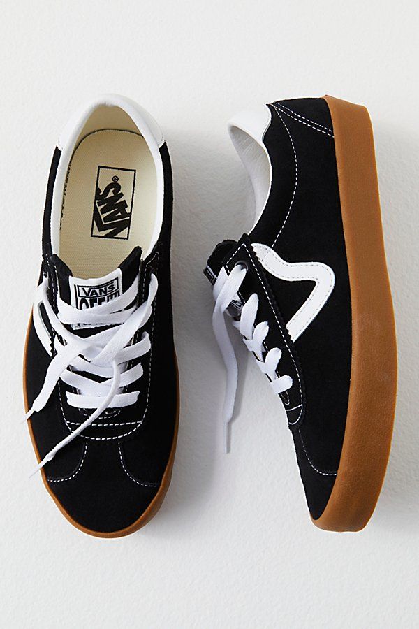 Minimalism rules with these low-top sneakers from Vans, taking notes from retro styles for a totally-charming, go-with-anything pair. **Features:** Low-top style, suede uppers, single-wrap sidewalls, padded collar, leather " v" logo and heel counter, rubber outsole, lace-up closure **Why We | Vans Sport Low Suede Sneakers at Free People in Black, Size: US 7 M Staple Sneakers, V Logo, Retro Styles, Taking Notes, Cute Sneakers, Mens Shoes Casual Sneakers, Black Gums, Vans Shop, Vans Sneakers