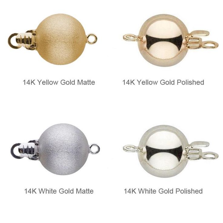 four different types of gold and silver balls with chain attachments on each one side