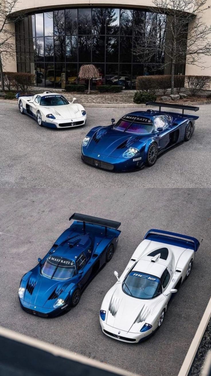 four different colored sports cars parked in a parking lot