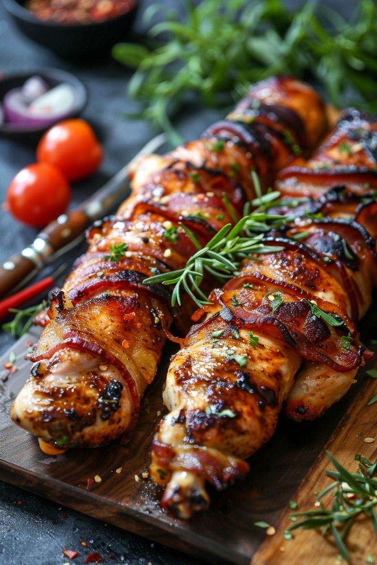 chicken wrapped in bacon and garnished with herbs on a cutting board next to tomatoes