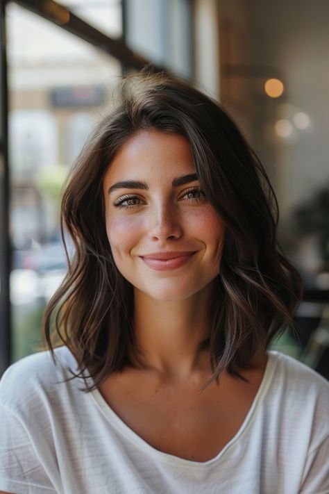 Dark Academia Bob Hair, Bobs For Thick Straight Hair, Haircut Collarbone Length, Shoulder Length Hair Middle Aged Women, Medium Hair Styles For Women Straight, Medium Bob Haircut For Round Face Plus Size Wavy Lob, Medium Hairstyle Women Wavy Hair, Short Hair Styles Dark Brown, Short Darker Hair