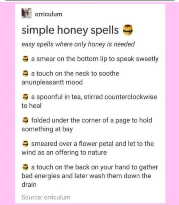 Honey In Witchcraft, Honey Under Tongue Spell, Glamour Spell, Honey Uses, Witch Life, Honey Face Mask, Easy Spells, Witch Spirituality, Bottom Lip