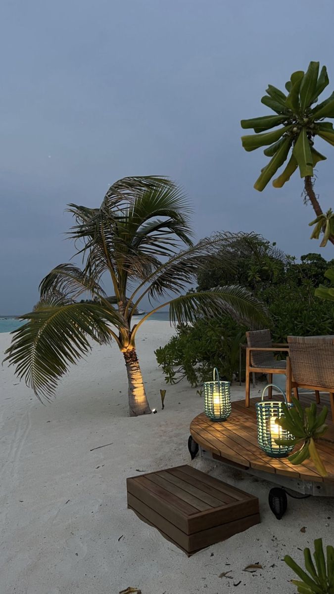 a wooden table sitting on top of a sandy beach next to palm trees and water