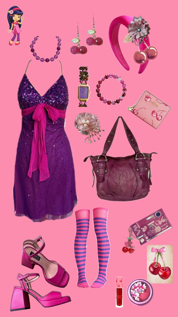 a pink background with various items including shoes, bracelets and necklaces on it