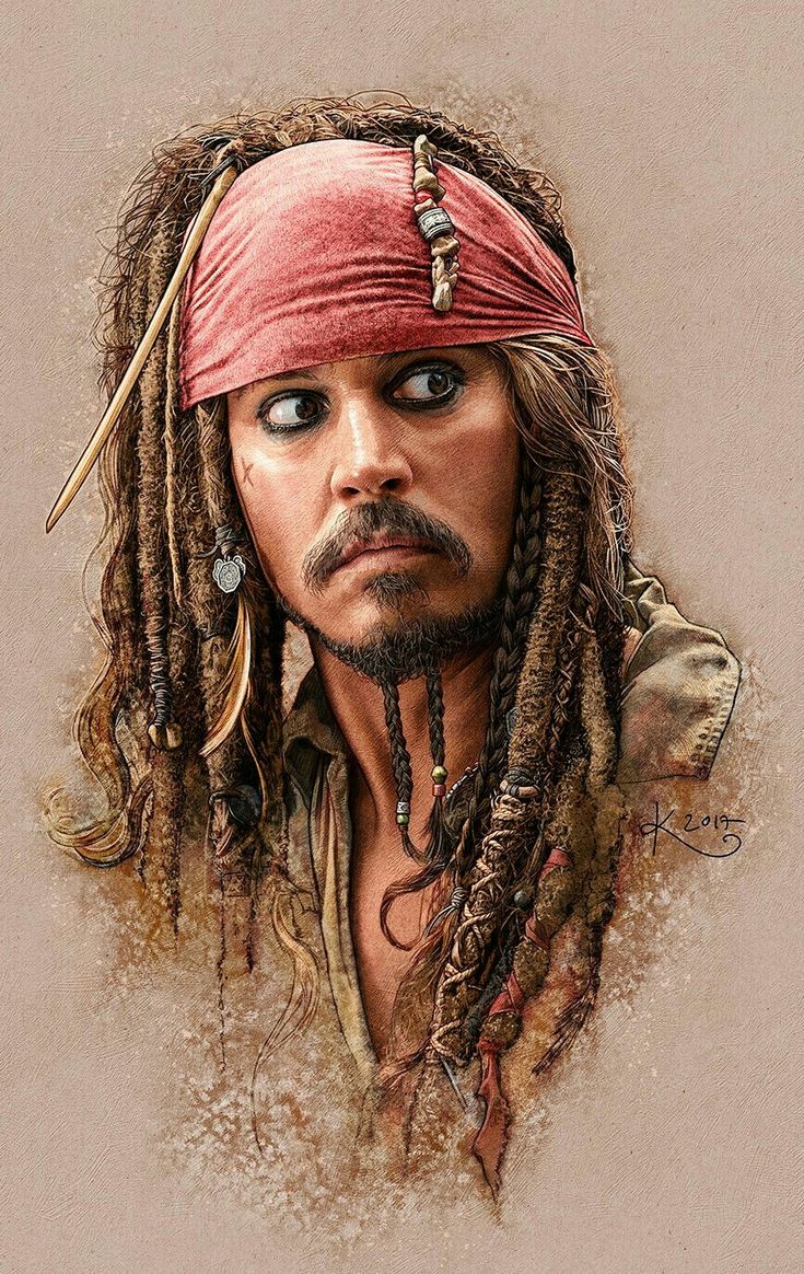 a drawing of captain jack sparrow from the movie pirates, with dreadlocks on his head