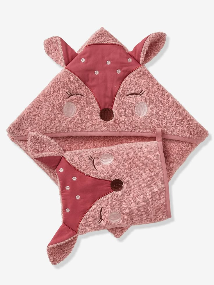 two pink towels with an animal face on the front and one in the back, both folded