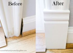 before and after shots of a wood floor with white mold on the bottom part of the base