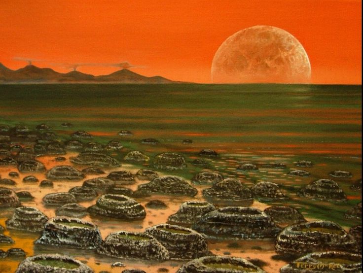 an oil painting of rocks in the water with a full moon behind them and orange sky