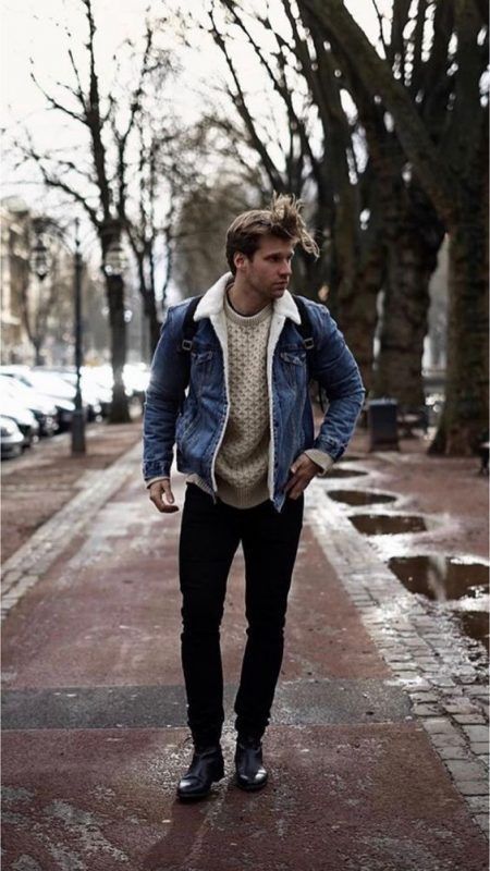 60 best ways to style a shearling jacket. Denim shearling jacket, sweater, black jeans, black leather boots 1. Click image to view more. #bomber-jacket #shearling-jacket #winter-coats #men #mensoutfits #UrbanMenOutfits #mensfashion #mensguides #menswear # Trendy Winter Fashion, Herren Style, Mens Fashion Edgy, Mens Fashion Smart, Street Style Edgy, Hipster Mens Fashion, Mens Fashion Inspiration, Mens Fashion Urban, Fashion Trends Winter