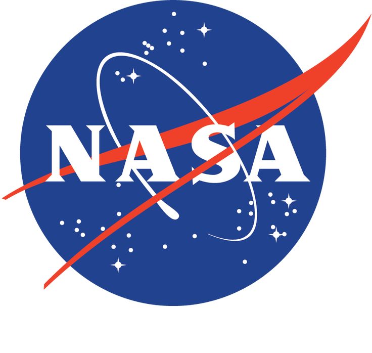 the nasa logo is shown in red and blue with stars around it, as well as an orange line