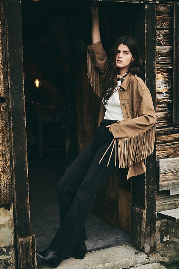 Go Western in this fringed-out vegan suede shirt jacket. **Fit:** Relaxed, oversized **Features:** Vegan suede fabrication, button-front closure, collared neckline, long button-cuff sleeves, fringe along chest, back, and sleeves, curved hem with side slits **Why We | Fringe Out Vegan Suede Jacket by Free People in Brown, Size: XL Fringe Jacket Outfit, Free People Fall, Free People Aesthetic, Fringe Clothing, Sporty Chic Style, Suede Fringe Jacket, Chic Blouses, Free People Clothing, Fringe Jacket