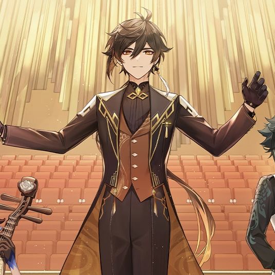 two anime characters standing next to each other in front of an empty stage with chairs