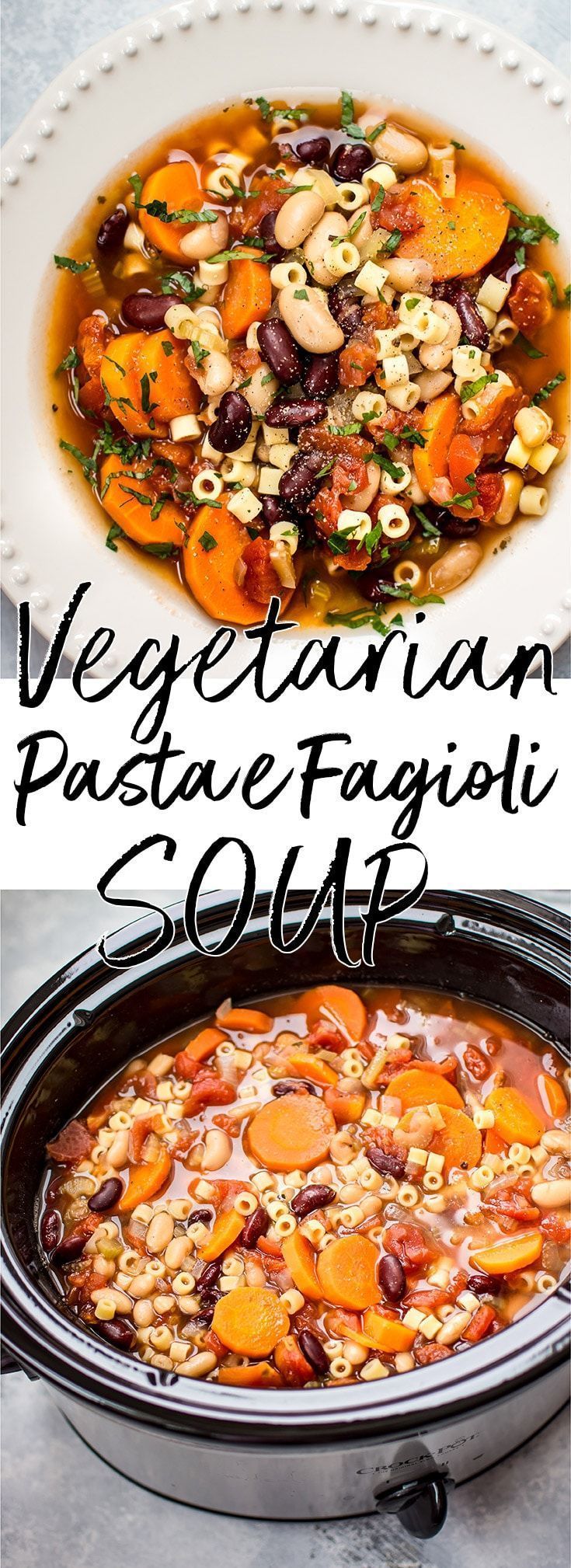 an image of vegetarian pasta fagioi in a slow cooker with text overlay