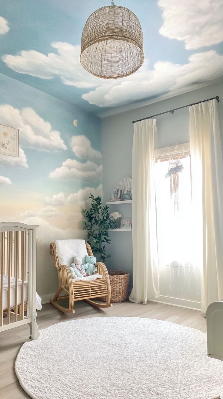 a baby's room with clouds painted on the ceiling