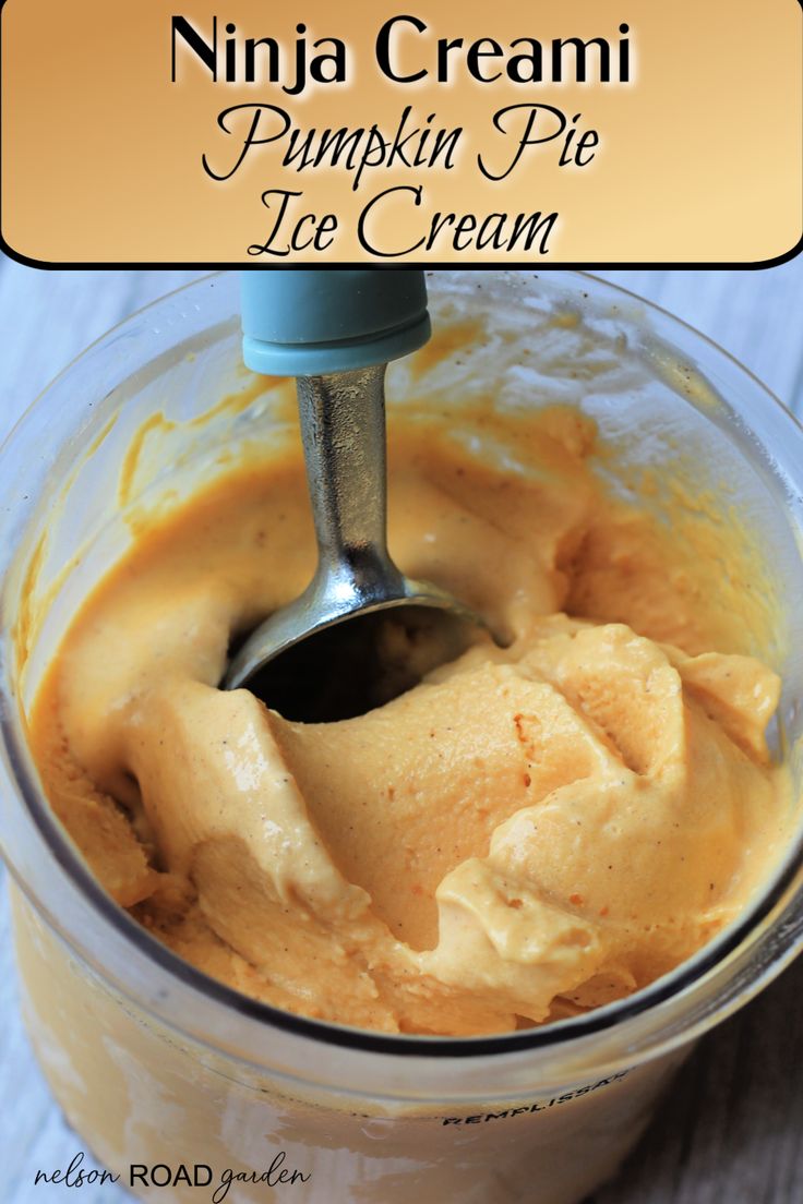 an ice cream in a glass container with a spoon inside it and the words, ninja cream pumpkin pie ice cream