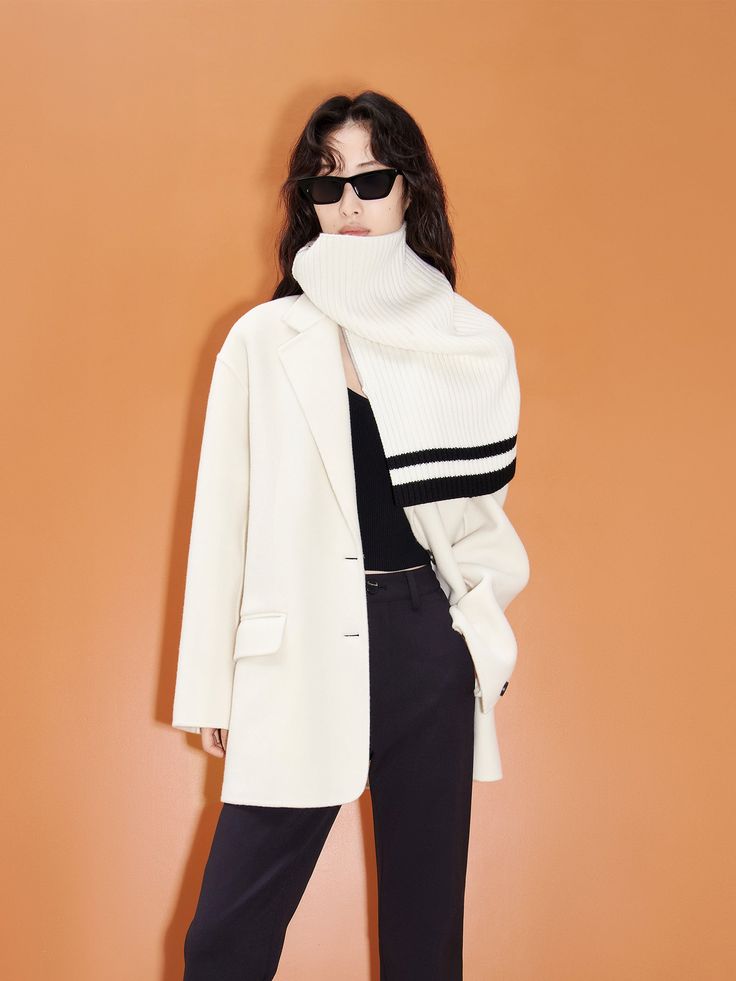 White Wool Midi Coat with Scarf Oversized White Wool Outerwear, White Wool Outerwear For Office, Oversized Wool Outerwear In Winter White, White Wool Outerwear For Work, Fall Wool Outerwear With Scarf, Oversized Winter Blazer, Winter Scarf For Cold Weather, White Winter Outerwear For Office, White Oversized Blazer For Winter