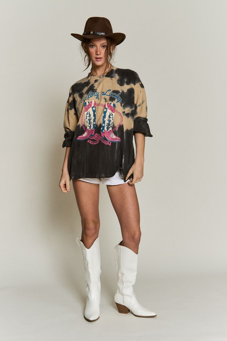 Step into the wild west with our Cowboy Boots Pullover! Crafted from super soft material, this stylish pullover will keep you comfortable throughout the day. With a unique bleached detail and an oversized fit, this graphic tee adds a classic western vibe to your wardrobe. Perfect for everyday wear, show off your adventurous side with this long sleeve tshirt! -Loose Fit 95% Cotton, 5% Spandex Made in the USA Want to view this on the *Live* Sizing & Styling Guide?! Watch it in the photo section ab Rachel Clark, Styling Guide, The Wild West, Into The Wild, New Inventory, Wild West, Soft Material, The Wild, Style Guides