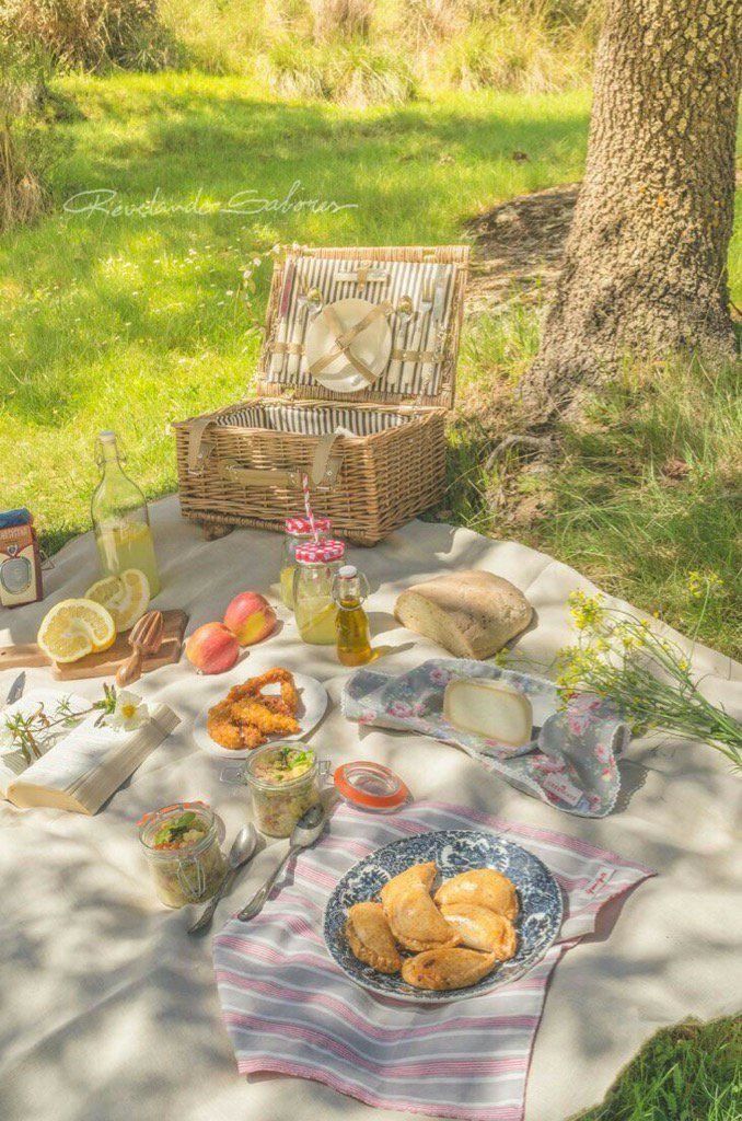 a picnic blanket with food on it in the grass next to a basket and tree