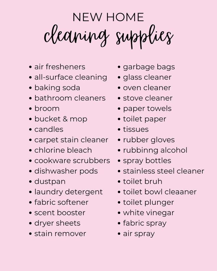 the new home cleaning supplies list is shown in black and white on a pink background