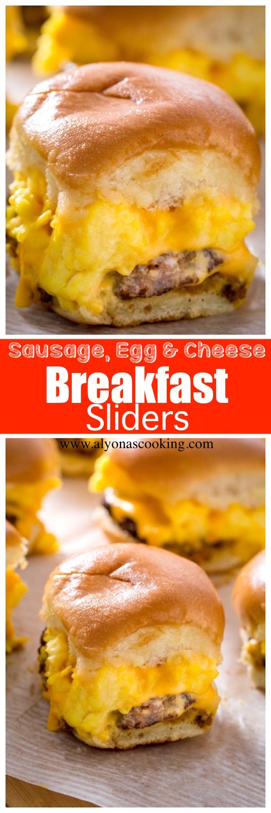 breakfast sliders with cheese, egg and sausage on them are ready to be eaten