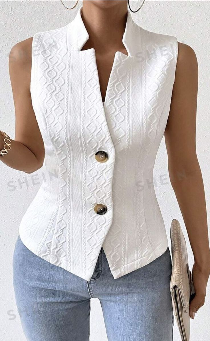 Fitted Tops With Side Buttons For Spring, Dressy Clothes, Chique Outfit, Sleeveless Blazer, Celebrity Design, Chic Outfit, Suit Vest, White Sleeveless, Sleeveless Vest