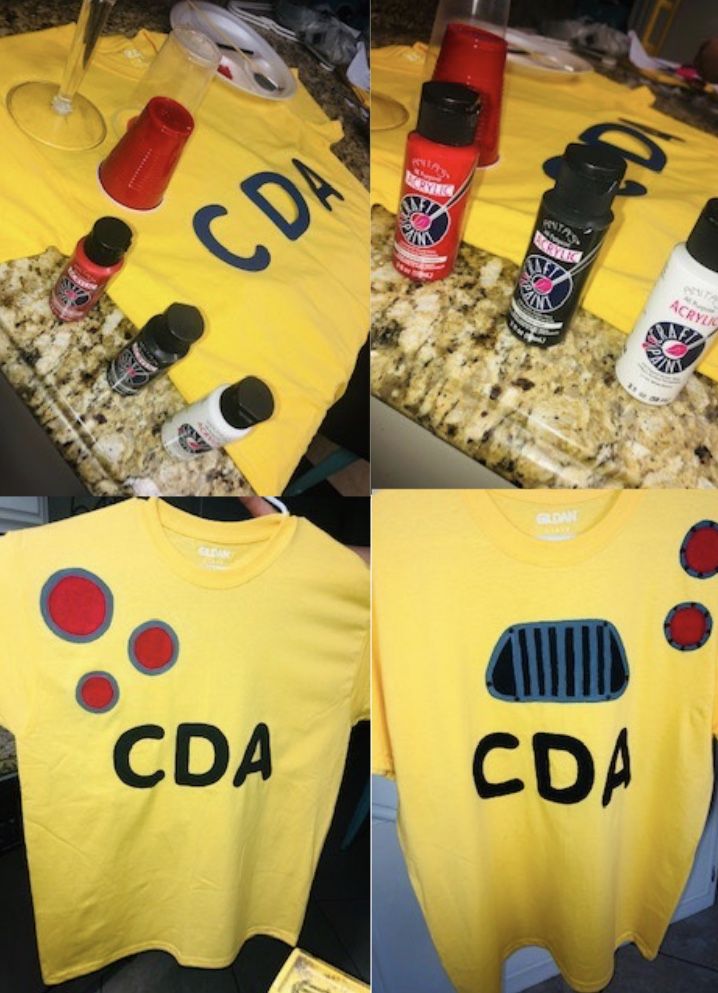 three pictures of shirts with the words cda and soda bottles on them are shown