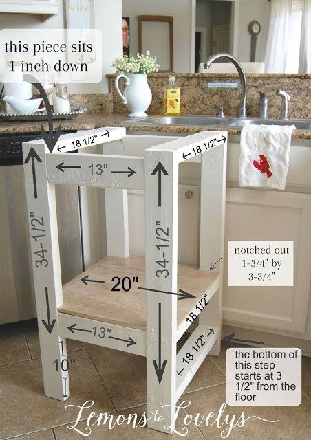 a step stool with measurements on it in the kitchen