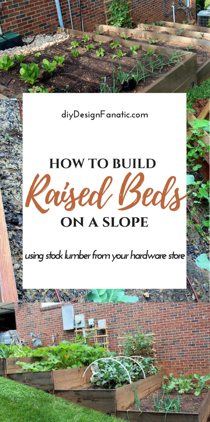 raised beds with text overlay how to build raised beds on a slope