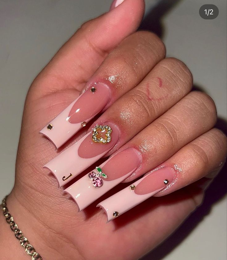 Pink Valentines Nails With Initials, Letter Charms On Nails, Pink Nails With J Initial, Letter Initial Nail Ideas, Nails With Intials, Long Nails With Initials, Nail Sets With Initial, Nails With Letter J On It, Long Acrylic Nails With Initials