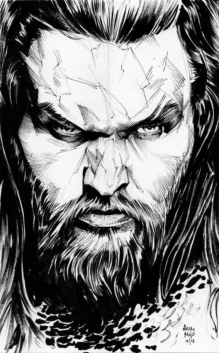 an ink drawing of a man with long hair and beards, staring at the camera