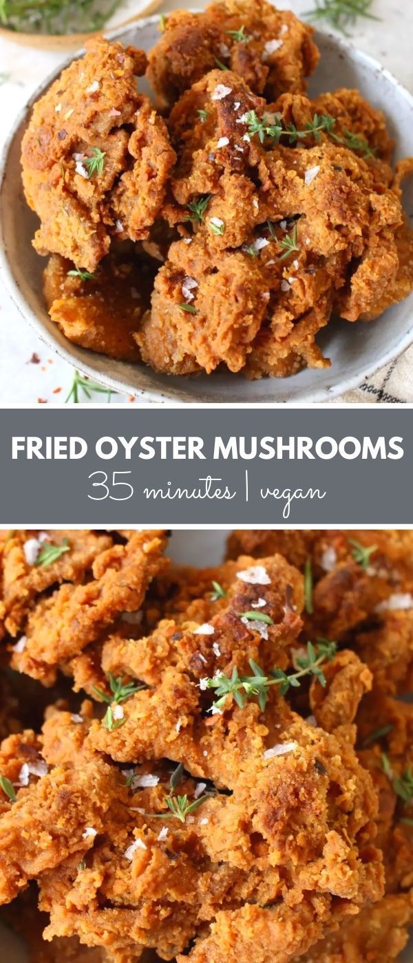 fried oyster mushrooms in a bowl with herbs on top