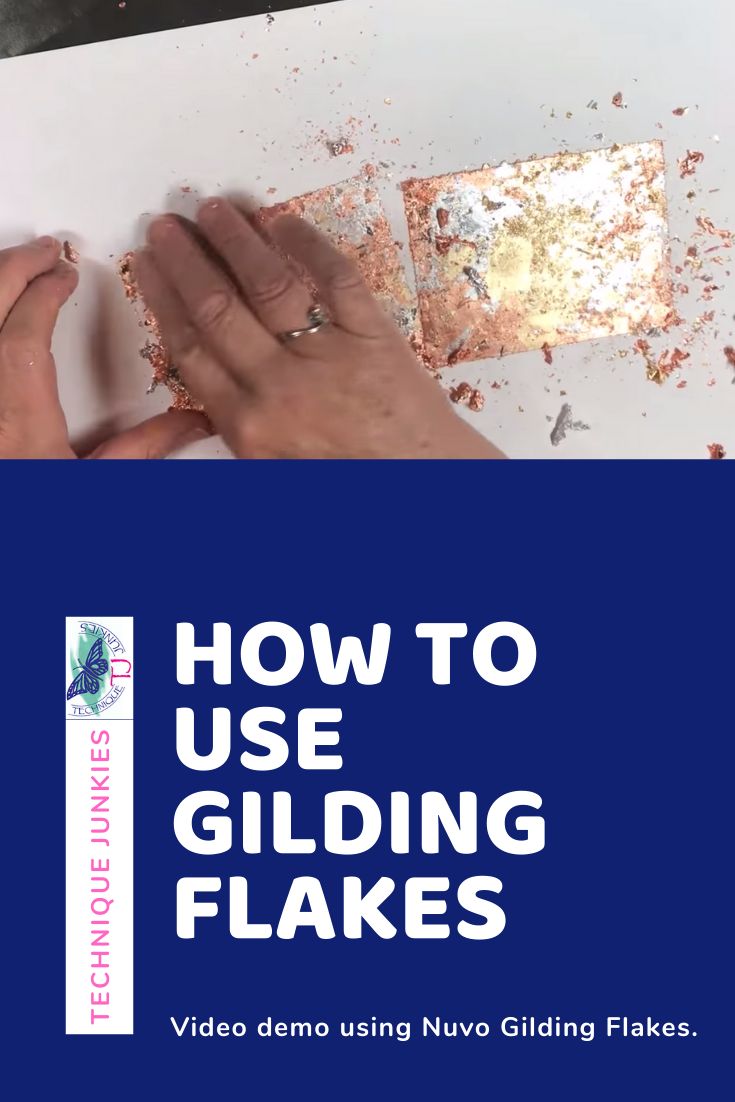 a person is using glue to use glidding flakes on paper with the words, how to use glidding flakes video demo using nuvo gliding flakes