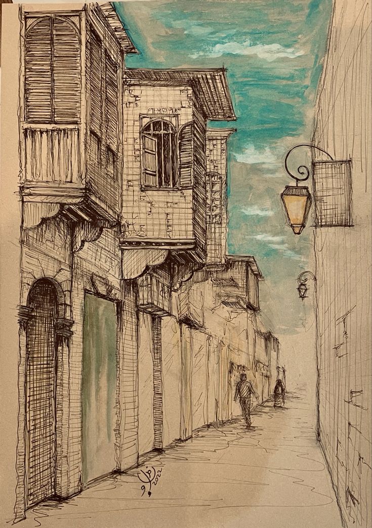 a drawing of an alleyway with two people walking down one side and a lamp on the other