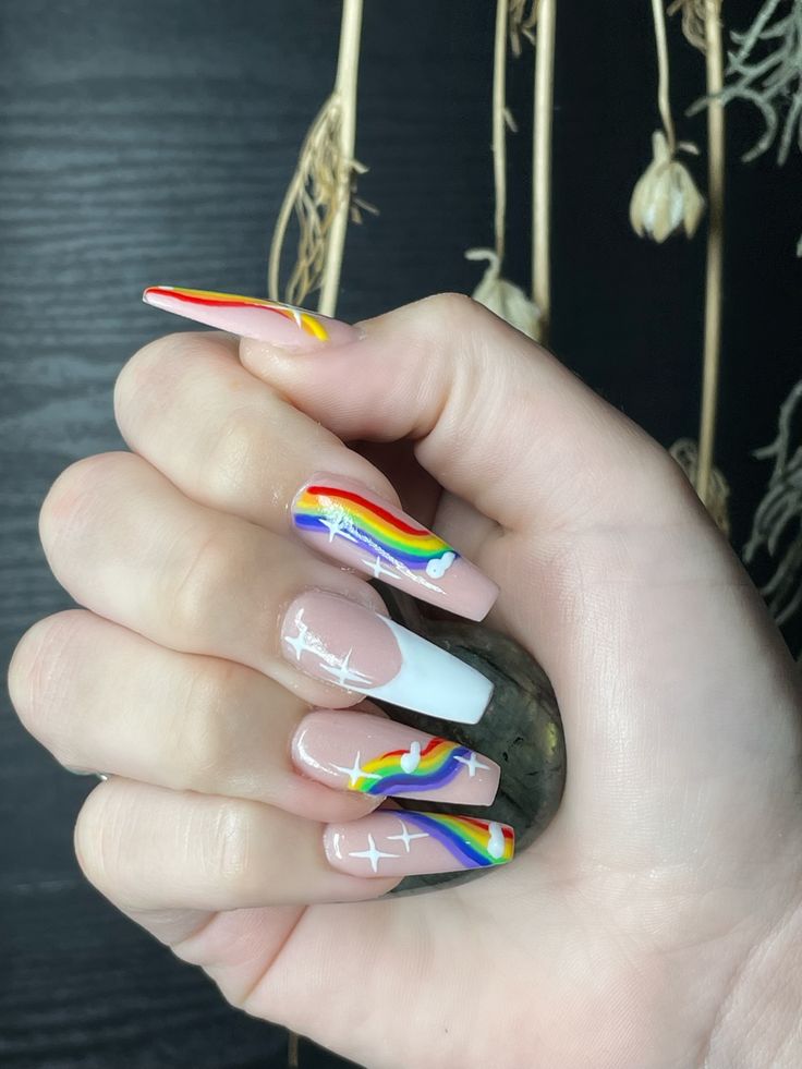 Rainbow Astethic Nails, Lgbtq Pride Nails, Pride Month Nails Short, Coffin Pride Nails, Lgbtq Nail Art, Lgbtq Nails Acrylic, Pride Themed Nails, Lgbt Nails Designs, Nails Acrylic Pride