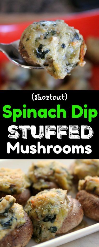 spinach dip stuffed mushrooms on a white plate with a spoon in it and the title