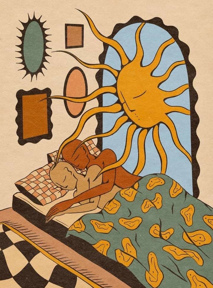 a drawing of a woman laying in bed with the sun above her head on top of it