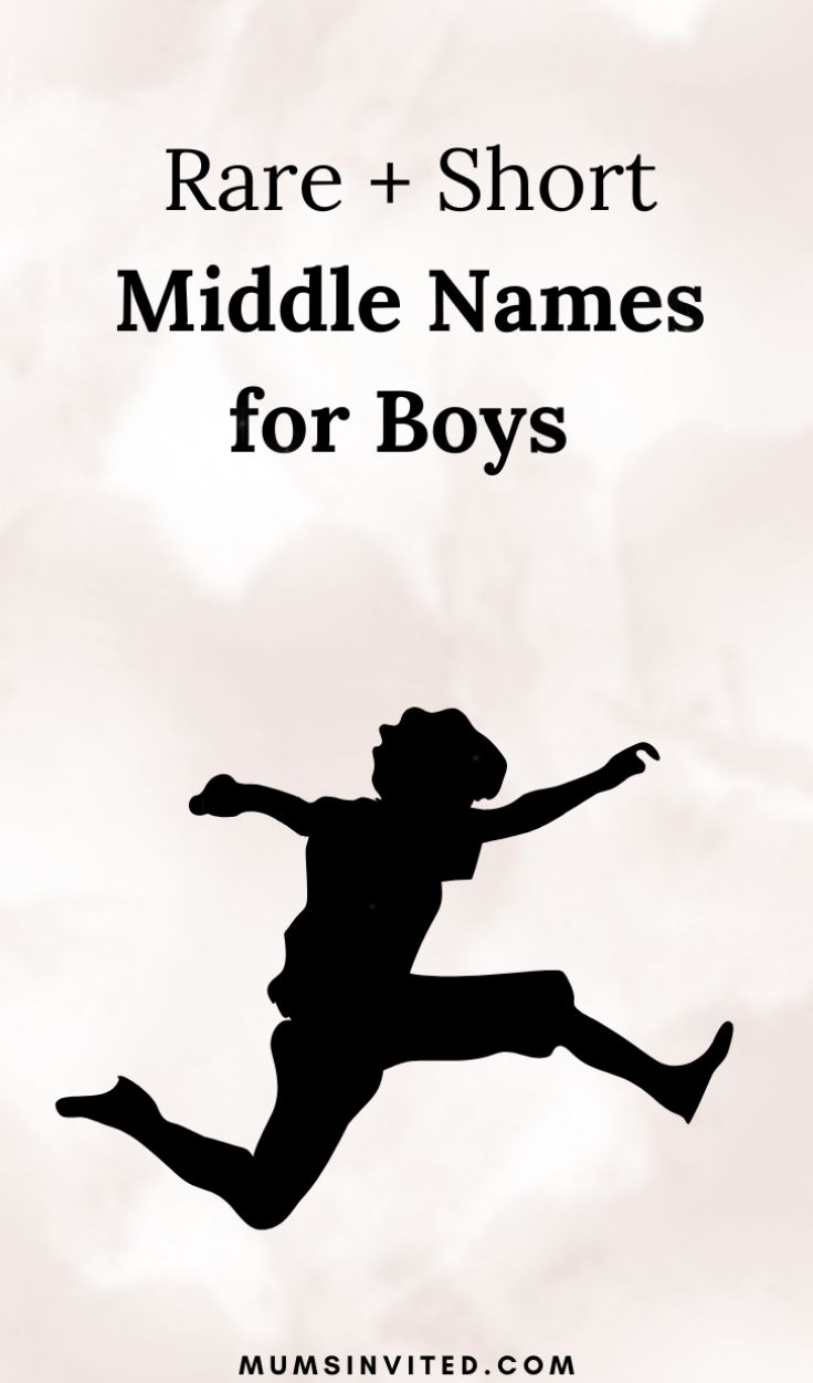 the silhouette of a boy jumping up into the air with text reading rare + short middle names for boys