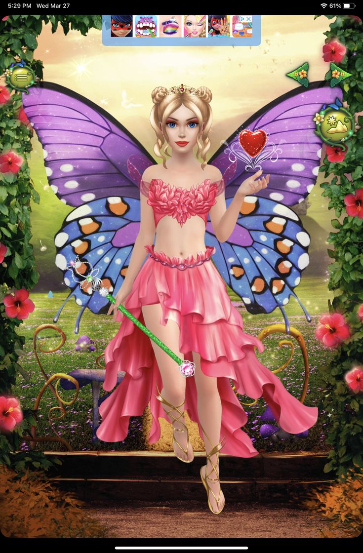 a beautiful fairy girl in pink dress holding a heart shaped item with butterflies on her wings