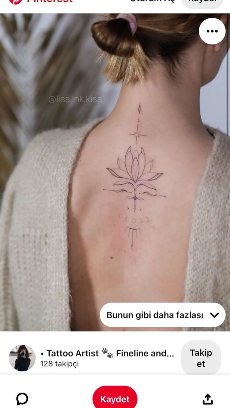 the back of a woman's neck with a lotus tattoo on it, and an instagram